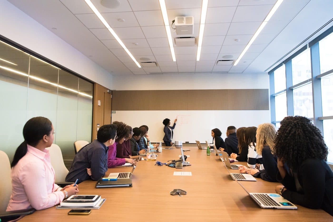 A team working through a presentation around a boardroom table