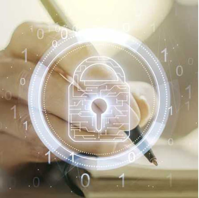 A digital lock interface overlaid on a hand writing at a desk